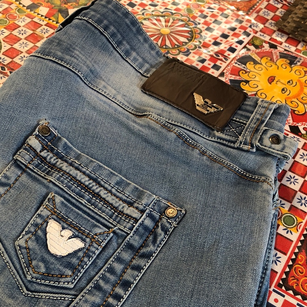 Emporio Armani Slim Straight Light Blue Denim Jeans with Logo Patch